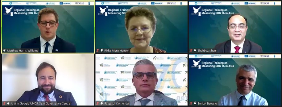 <p>Opening webinar featuring (top left to right) Matthew Harris-Williams, Researcher, CoE; Rikke Munk Hansen, Chief of Service, Statistics UNESCAP; Shahbaz Khan, Director, UNESCO Cluster Office, Beijing (bottom left to right) Arvinn Gadgil, Director UNDP OGC, Ryszard Komenda, Regional Representative, Central Asia, UNOHCHR; Enrico Bisogno, Chief, Data Development and Dissemination Section, UNODC.</p>